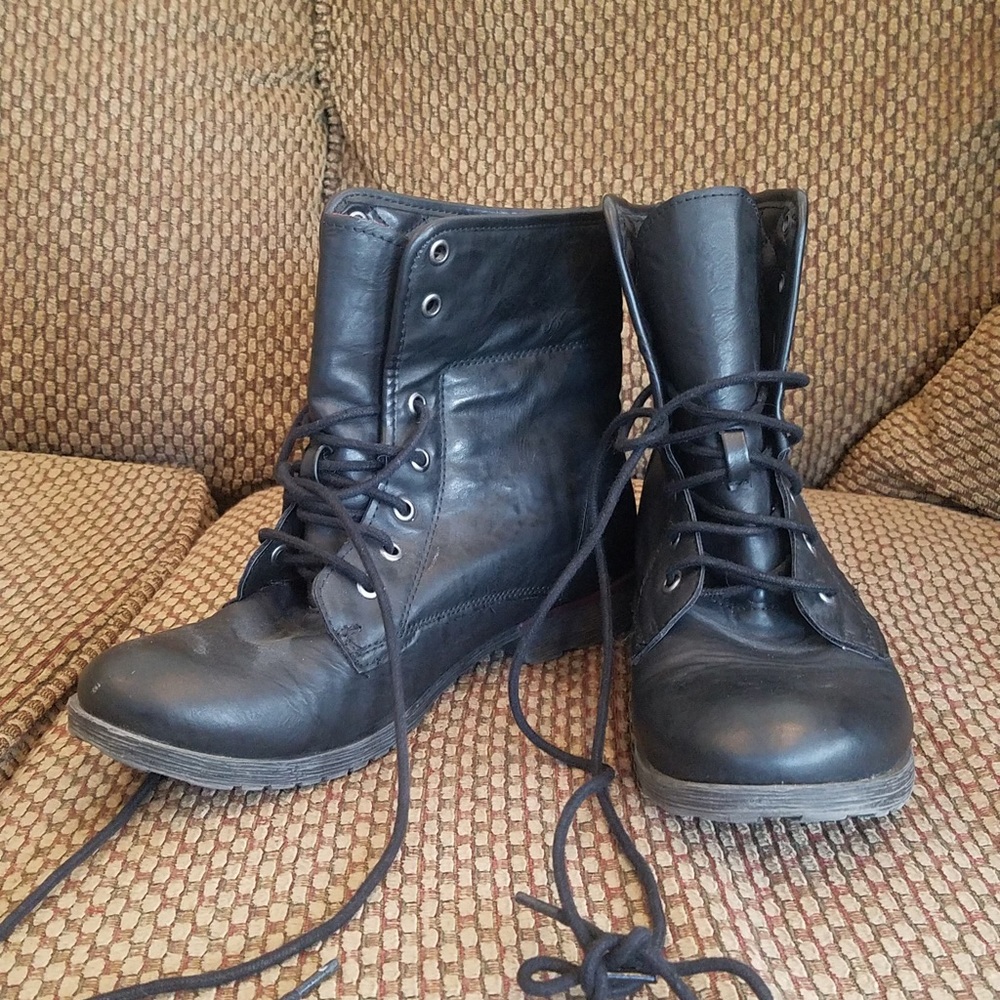Black Combat Boots with Red Plaid Lining